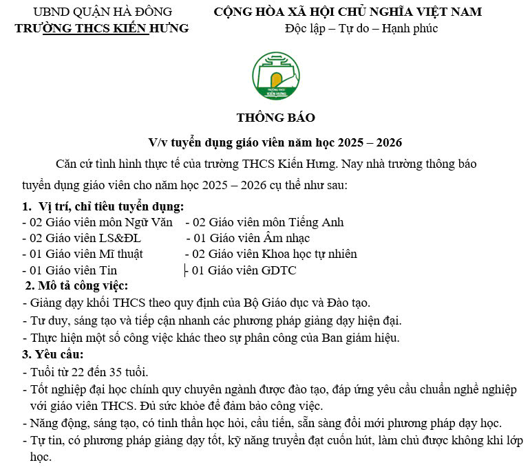 THÔNG BÁO TUYỂN GIÁO VIÊN NĂM 2025 - 2026